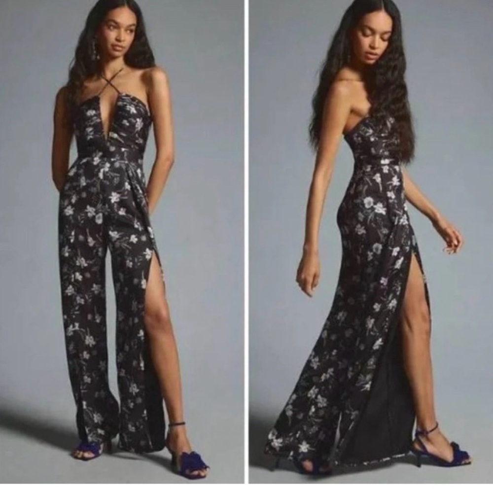 Katie May Black Floral Strapless Jumpsuit with Side Slit